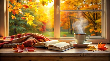 Poster - A Cozy Windowsill Scene Featuring a Cup of Steaming Beverage, an Open Book, a Blanket, and Autumn Leaves