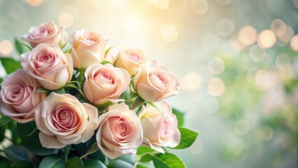 Poster - A delicate bouquet of blush-colored roses, their petals unfurling in the soft glow of a sunlit garden, creates a romantic and ethereal scene.
