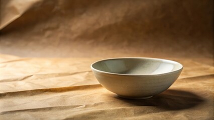 Poster - A single, empty ceramic bowl sits on a crumpled brown paper background, ready to be filled with culinary delights.