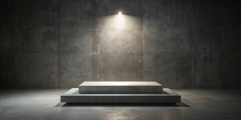 Fototapete - A minimalist concrete platform illuminated by a single overhead light source in a dark room