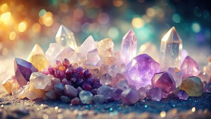Poster - A cluster of glistening quartz crystals, amethyst, and other gemstones, bathed in warm light, revealing their intricate facets and colors.