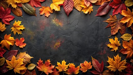 Aufkleber - A border of vibrant autumn leaves arranged around a dark textured background, showcasing the rich hues of the season.