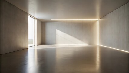 Poster - A minimalist room with a large window and a single line of light casting a long shadow across the floor.