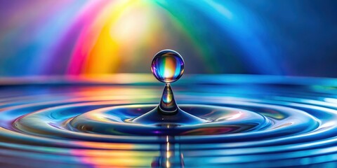 Aufkleber - A single iridescent water drop creates concentric ripples on a surface reflecting a blurred rainbow backdrop