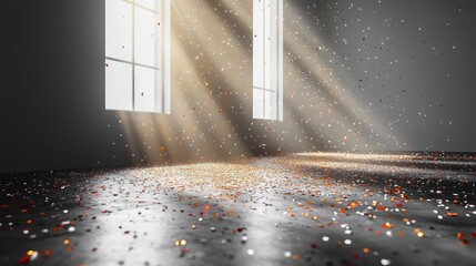 Aufkleber - A serene room illuminated by sunlight, showcasing floating particles in the air.