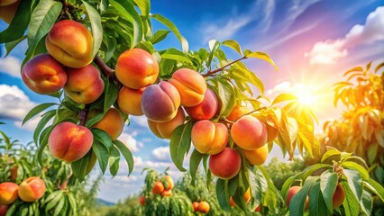 Aufkleber - A Branch Laden with Ripe Peaches, Bathed in Warm Sunlight, with a Blue Sky and Puffy Clouds in the Background