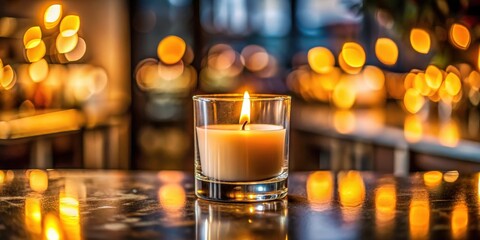 Poster - A solitary candle flame illuminates the dark, casting a warm glow on the polished surface of a table