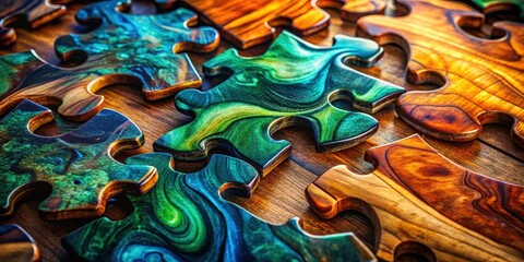 Aufkleber - A Close Up View of Interlocking Wooden Puzzle Pieces with Swirling Green and Brown Patterns,  Illustrating the Concept of Connection and Interdependence