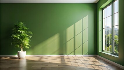 Aufkleber - A serene room with a single potted plant, hardwood floors, and a window with a view of lush greenery, the sunlight casting shadows on the walls, creating a peaceful and inviting atmosphere.