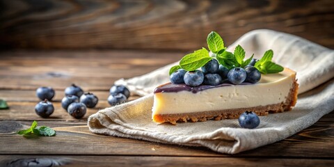 Poster - A slice of cheesecake topped with blueberries and mint leaves, sitting on a linen napkin on a rustic wooden table.