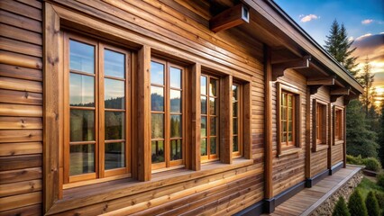 Poster - Wooden cabin exterior with multiple windows, showcasing a warm, rustic and inviting aesthetic.