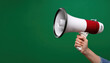 © Manuel Milan - Hand Holding a Megaphone Against a Green Background for Announcements or Public Speaking, symbolizing communication, announcements, or public speaking.