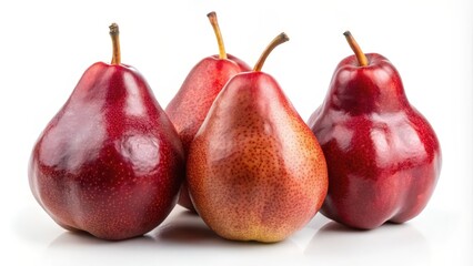 Poster - A cluster of three ripe red pears with glossy skin and subtle brown speckling, arranged in a row against a clean white background.