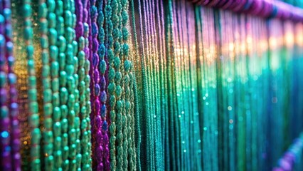 Poster - A shimmering curtain of iridescent beads hangs in the sunlight, creating a rainbow of colors and textures.