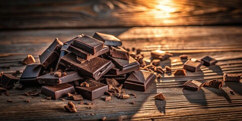 Aufkleber - A Stack of Chocolate Bars With Pieces Scattered on a Wooden Surface, Bathed in Warm Sunlight