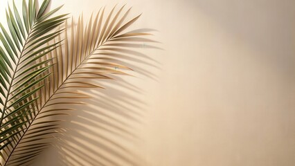 Poster - Sunlight filtering through palm leaves creates a natural abstract pattern on a beige wall