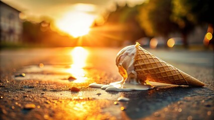 Poster - A Melted Ice Cream Cone Lies Abandoned on the Asphalt, Its Sweetness Lost in the Heat of the Setting Sun