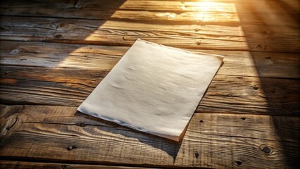 Poster - A single sheet of paper rests on a weathered wooden surface, bathed in the warm glow of sunlight streaming through a window.