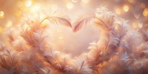 Aufkleber - A delicate arrangement of soft white feathers forming a heart shape against a backdrop of warm, glowing bokeh lights.