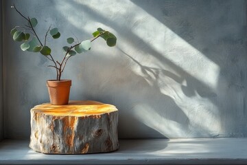 Aufkleber - Wooden stump and shadow on light gray wall for product mockup display