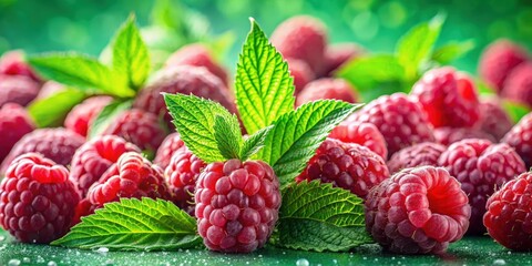 Poster - Close-up of fresh red raspberries nestled amongst vibrant green leaves, capturing the essence of summer sweetness and natural beauty