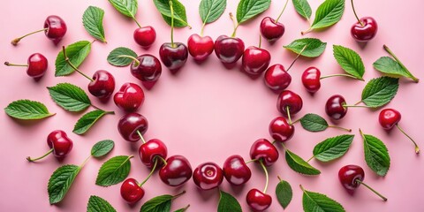 Aufkleber - A vibrant arrangement of red cherries and green leaves forming a circular frame on a pink background.