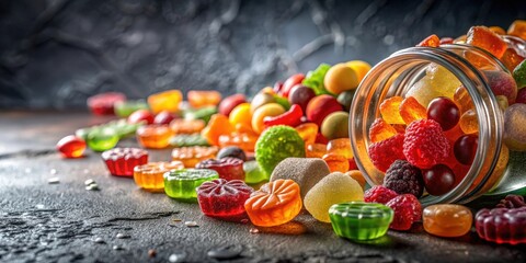 Poster - A glass jar spills colorful, translucent candies onto a dark background, showcasing a variety of shapes and flavors
