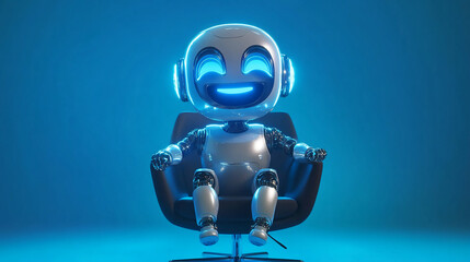 Poster - Robot character in a futuristic setting with glowing features and an engaging smile