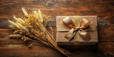 Aufkleber - A rustic brown gift box with a golden bow and dry floral bouquet on a wooden table