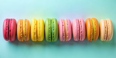 Poster - A row of colorful macarons arranged in a rainbow pattern on a light blue background.