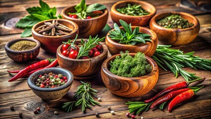 Poster - A Rustic Tabletop Arrangement of Various Herbs and Spices in Wooden Bowls with Red Chili Peppers and Peppercorns Scattered Around