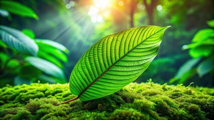Poster - A single vibrant green leaf with intricate veins rests upon a bed of lush moss, illuminated by the golden rays of the sun shining through a dense canopy of foliage.