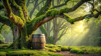 Aufkleber - An ancient oak tree, draped in moss, casts a long shadow on a sun-drenched forest floor, a wooden barrel resting at its base, inviting exploration.