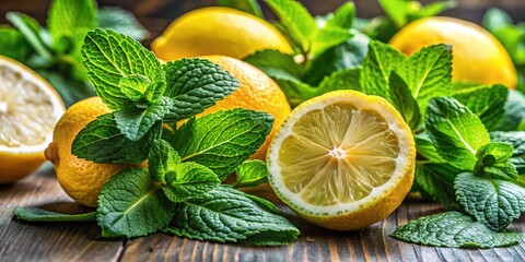 Aufkleber - Freshly picked lemons and vibrant mint leaves on a rustic wooden surface, a tantalizing combination of citrus and herbal aromas