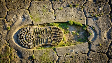 Poster - A solitary footprint left on a cracked and weathered surface, where moss and nature reclaim their space