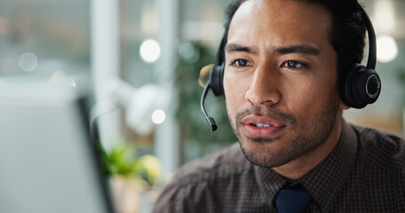 Poster - Asian man, call center or reading on computer in office for contact us at law firm with mic or justice advice. Legal consultant, email or customer support for dispute resolution service at help desk