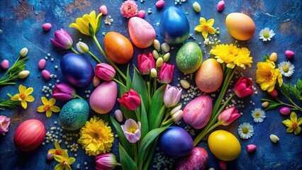 Poster - A Festive Arrangement of Decorated Easter Eggs, Bright Tulips, and Dainty Blooms Against a Vibrant Blue Background