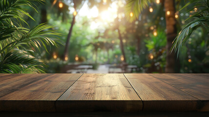 Wall Mural - clean wooden bar table with a tropical beach scene and coconut leaf framing for summer mockup