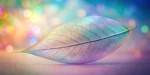 Poster - A delicate, translucent leaf with intricate veins, illuminated by a colorful bokeh background, showcasing the beauty of nature's artistry.
