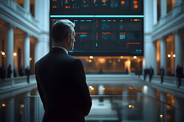 Poster - Businessman viewing large data screen in a grand hall.