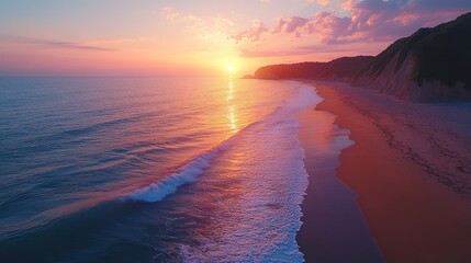 Aufkleber - A serene sunset over a tranquil beach with gentle waves and a colorful sky.