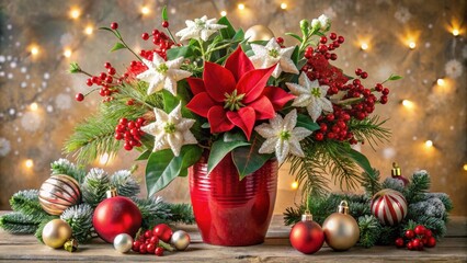 Poster - A Festive Holiday Arrangement with a Poinsettia and Holly in a Red Vase, Decorated with Christmas Ornaments and Twinkling Lights