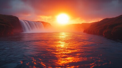 Aufkleber - A serene sunset over a waterfall, reflecting vibrant colors in the water.