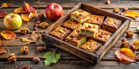 Poster - Autumnal Treats A Rustic Wooden Tray Filled with Sweet and Nutty Squares, Surrounded by Vibrant Fall Leaves and Autumnal Fruit