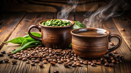 Poster - Steaming cup of coffee on a wooden table with coffee beans and green coffee beans