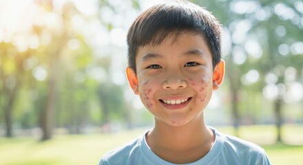 Canvas Print - Young asian boy with seasonal allergies smiling in sunlit park