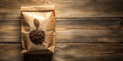 Poster - A rustic brown paper bag filled with roasted coffee beans on a weathered wooden surface