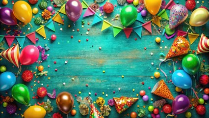 Poster - A Festive Celebration on a Vibrant Turquoise Wooden Background with Colorful Balloons, Confetti, and Party Hats