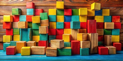 Aufkleber - A vibrant wall of colorful wooden blocks arranged in an abstract pattern against a backdrop of natural wood grain.