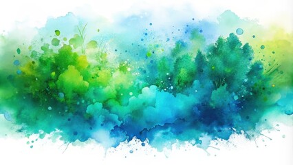 Poster - Abstract watercolor painting of a lush green forest with blue and green splashes of color